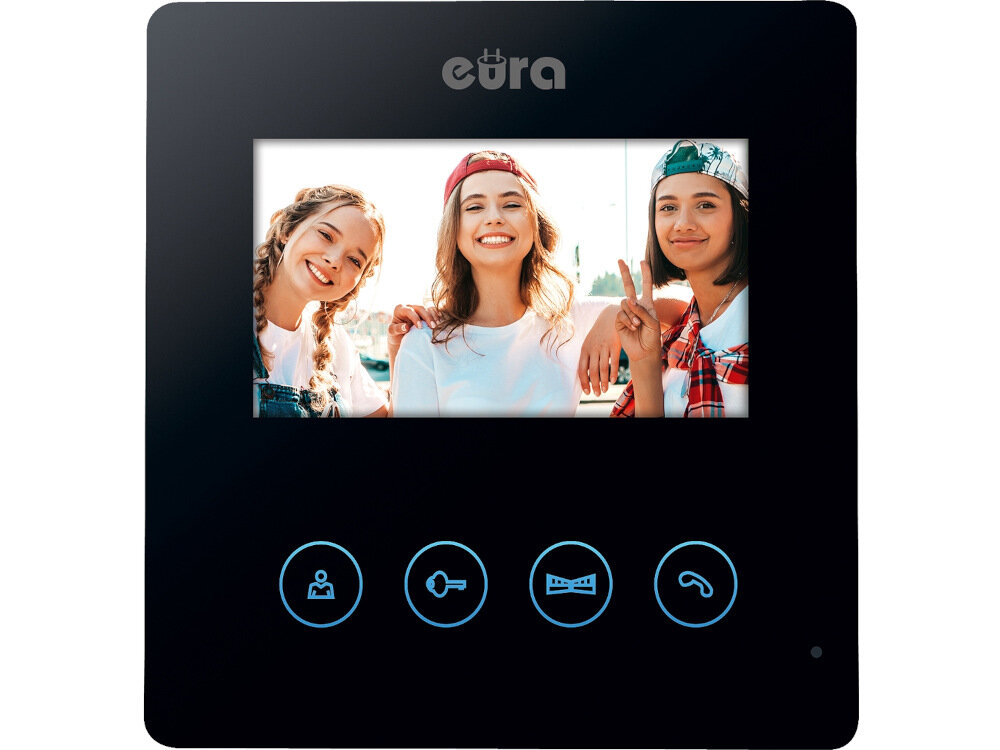 Wideodomofon EURA Atira VDP-52A3 Czarny kolorowy monitor LCD przekatna ekranu 4,3 cala komi=unikacja podglad otoczenia sterowanie ryglem obsluga drugiego wejscia
