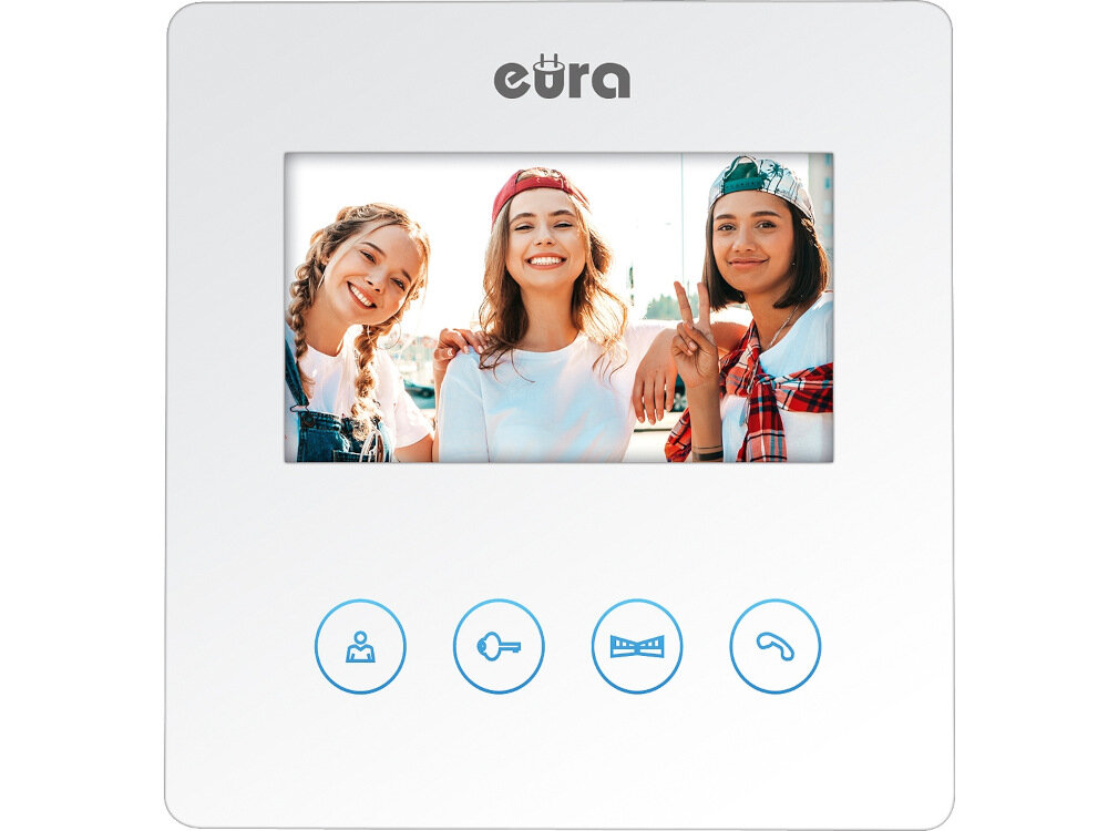 Wideodomofon EURA Atira VDP-52A3 Biały kolorowy monitor LCD przekatna ekranu 4,3 cala komi=unikacja podglad otoczenia sterowanie ryglem obsluga drugiego wejscia