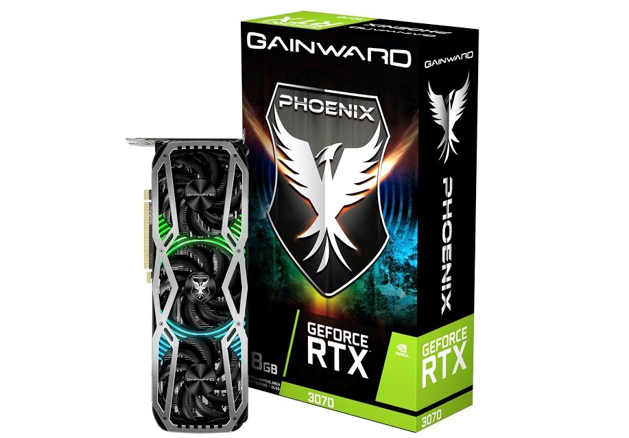 Karta graficzna GAINWARD GeForce RTX 3070 Phoenix 8GB - wygląd ogólny opakownie ostry obraz Nvidia Ampere rdzenie RT rdzenie Tensor Nvidia RTX