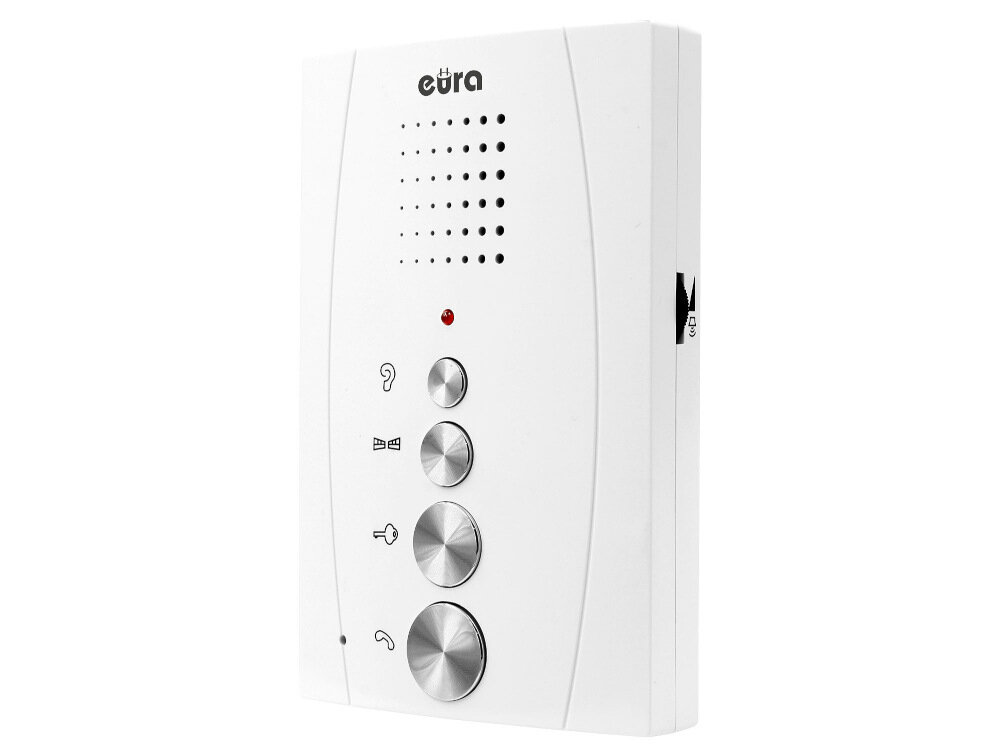 Domofon EURA Entra ADP-38A3 Biały unifon bezsluchawkowy z wytrzymalego tworzywa sztucznego komponenty wewnetrzne odpowiednio zabezpieczono przed uszkodzeniem