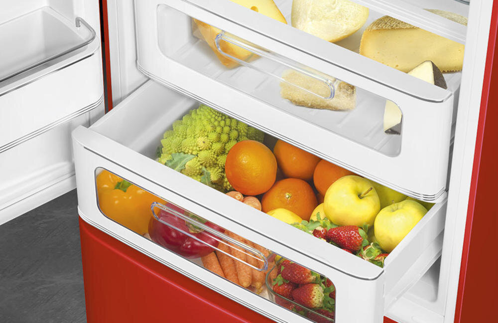 SMEG FAB32LRD5 szuflady lodówka organizacja wysuwane ślizgowe prowadnice szkło przechowywanie owoce warzywa