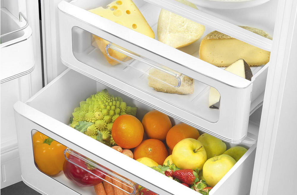 SMEG FAB30LBL5 szuflady lodówka organizacja wysuwane ślizgowe prowadnice szkło przechowywanie owoce warzywa