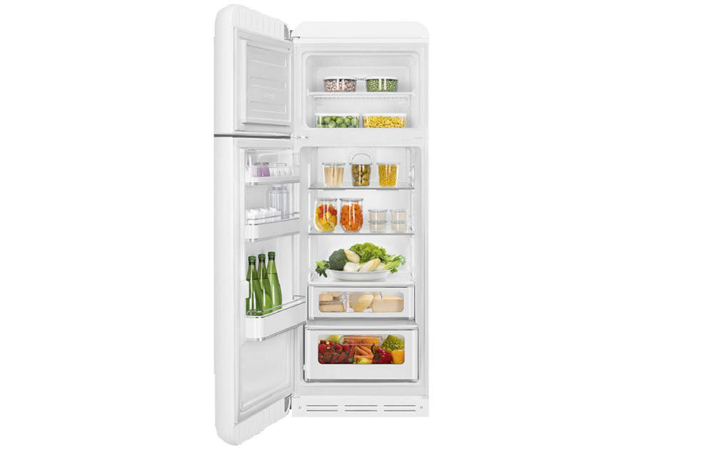 SMEG lodówka wnętrze rodzina szklane regulowane półki pojemne szuflady żywność