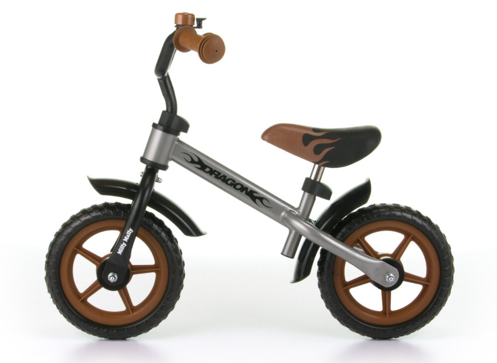 Rowerek biegowy MILLY MALLY Dragon Classic Szaro-brązowy pomaga ćwiczyć motorykę siłę mięśnie nóg utrzymywanie równowagi koordynację wzrokowo-ruchową dla dzieci w wieku od 2 do 4 roku życia