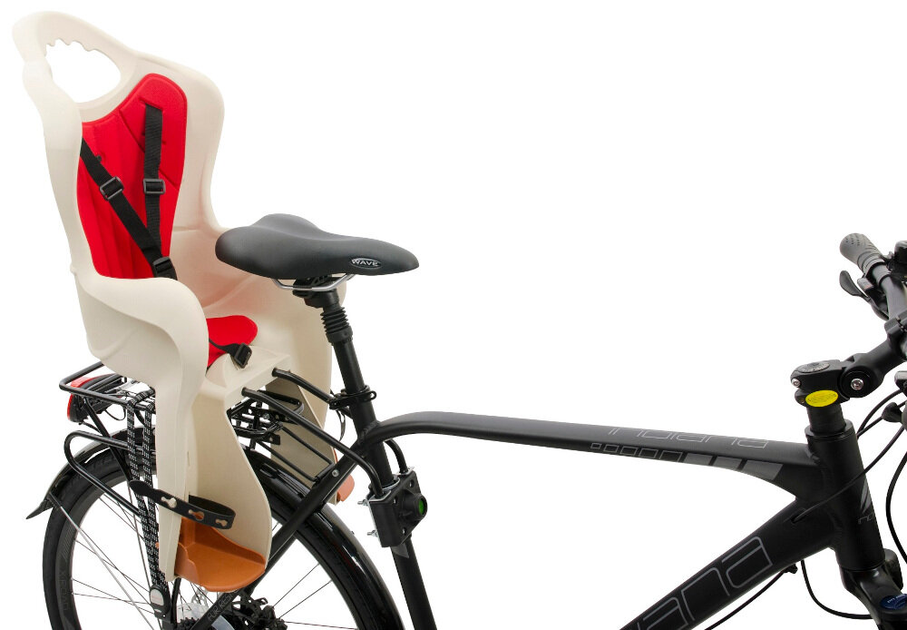 Fotelik rowerowy ELIBAS Cappuccino-czerwony mocowany za siodełkiem na amortyzującym wysięgniku na ramie roweru