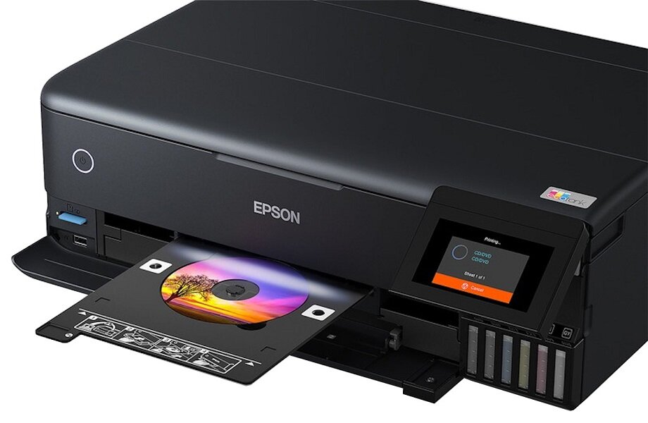 Urządzenie wielofunkcyjne EPSON EcoTank L8180 drukowanie skanowanie kopiowanie tusz jakość kolor czerń zbiornik przyciski płynność oszczędność wymiary 