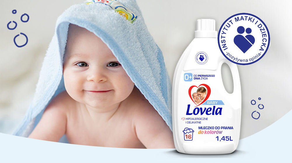 Płyn do prania LOVELA Baby Kolor 1450 ml odplamiacz do prania LOVELA 1000 ml niemowlę w ręczniku