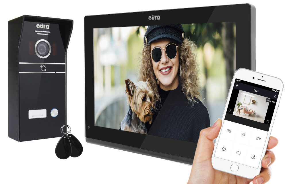 Wideodomofon EURA VDP-98C5 Czarny intuicyjny w obsłudze przycisk wywołania wywołanie monitora smartfon aplikacja mobilna Tuya Smart odbieranie połączeń sterowanie ryglem elektromagnetycznym automatem bramowym wykonywanie zdjęć rejestrowanie filmów na Andrioid i iOS