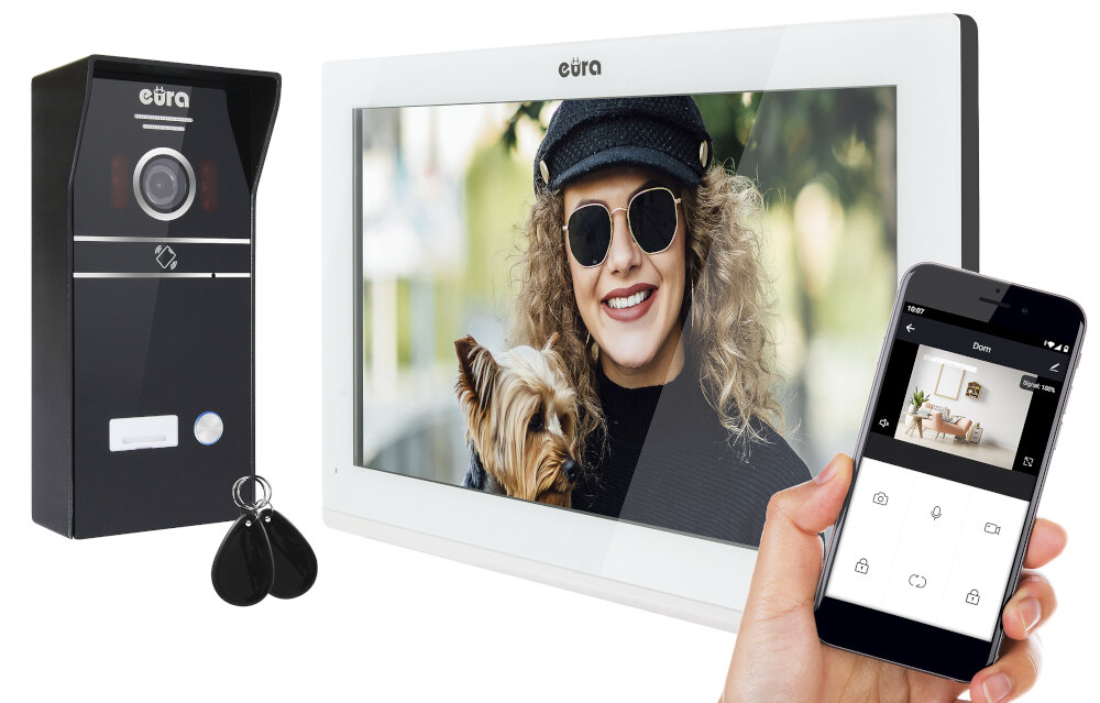 Wideodomofon EURA VDP-98C5 Biały intuicyjny w obsłudze przycisk wywołania wywołanie monitora smartfon aplikacja mobilna Tuya Smart odbieranie połączeń sterowanie ryglem elektromagnetycznym automatem bramowym wykonywanie zdjęć rejestrowanie filmów na Andrioid i iOS