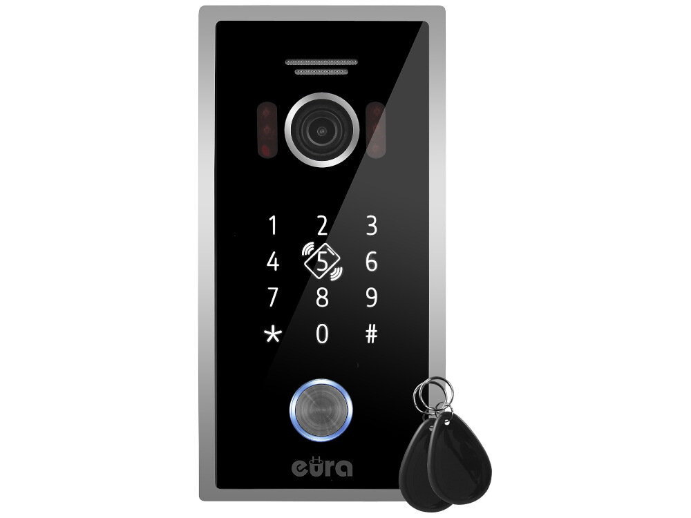 Kaseta zewnętrzna wideodomofonu EURA VDA-51C5P nowoczesny wizjer EURA Connect urządzenie kontrolujące strefy wejścia wysoki poziom bezpieczeństwa możliwości podglądu