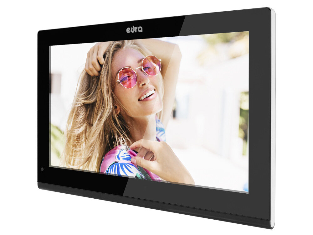 Monitor do wideodomofonu EURA VDA-11C5B kolorowy wyświetlacz LCD o przekątnej ekranu 10 cali umożliwia zapis obrazów rejestrację filmów na karcie microSD pojemność 128 GB sygnał w technologii AHD rozdzielczość 1024x600 pikseli