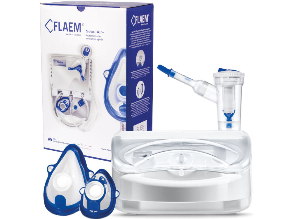 Inhalator nebulizator pneumatyczny FLAEM Nebulair Plus EL37P00 0.65 ml/min pompa kompresorowa filtracja powietrza przyspieszanie inhalacji dezynfekcja zaworek maski