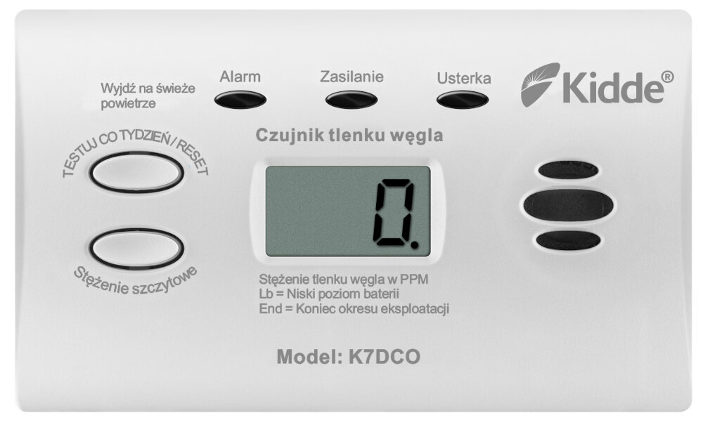 Czujnik tlenku węgla czadu KIDDE K7DCO bezpieczne srodowisko domowe monitoring poziomu tlenku wegla szybka reakcja na potencjalne zagrozenia