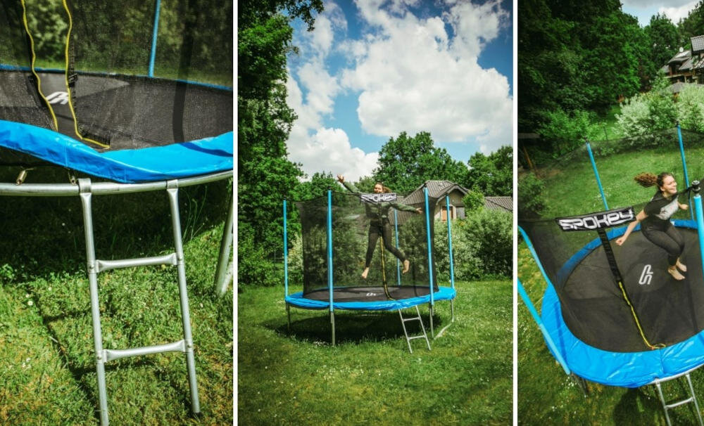 SPOKEY zabawa trampolina bezpieczeństwo siatka zabezpieczająca ochrona skakanie drabinka
