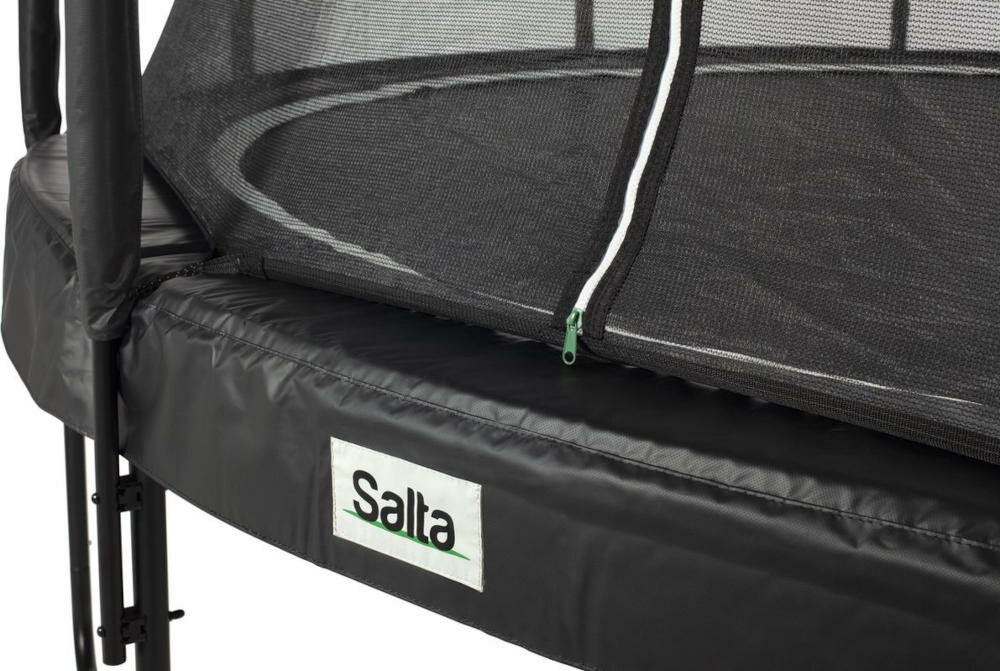 SALTA trampolina rama stal ocynkowana powłoka bezpieczna podstawa siatka zabezpieczająca zamek błyskawiczny wchodzenie zamykanie