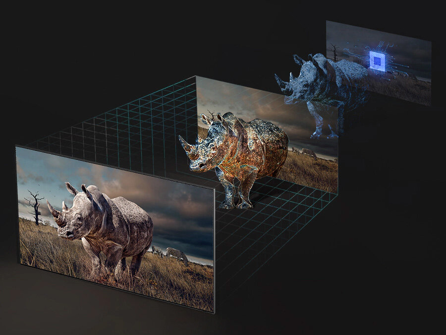 Prezentacja 3 kroków wyświetlania żywych obiektów na przykładzie nosorożca w technologii Wzmocnienia Głębi Obrazu. Q77BATXXH