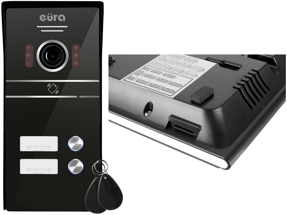 Zestaw wideodomofonowy EURA VDP-82C5 Czarny czytnik zblizeniowy obsluga za pomoca brelokow i kart zblizeniowych standard pracy Mifare 13,56 MHz slot na karty pamieci SD/microSD