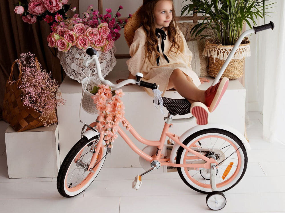 Rower dziecięcy SUN BABY Heart Bike 12 cali dla dziewczynki Morelowy w pięknym morelowym kolorze dla dziewczynek w wieku od 2 do 4 lat szlifowanie umiejętności jazdy na rowerze doskonała zabawa aktywność na świeżym powietrzu stabilny