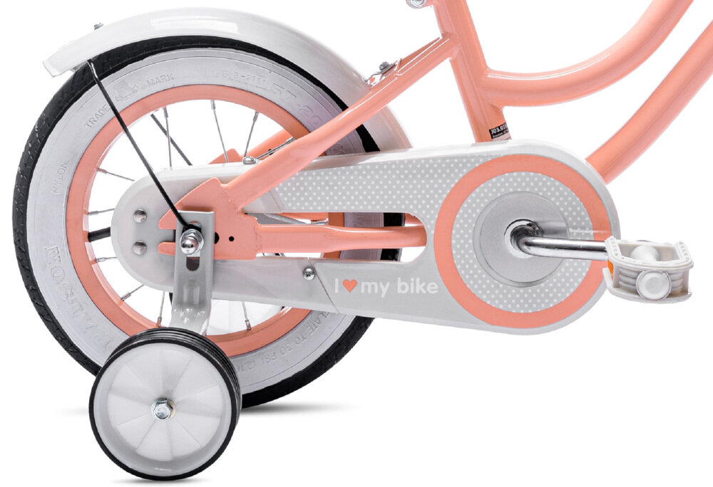 Rower dziecięcy SUN BABY Heart Bike 12 cali dla dziewczynki Morelowy koła 12-calowe aluminiowe obręcze  boczne kółka asekurują dziecko w początkowej fazie nauki łańcuch bezpiecznie ukryty po stylową osłoną błotniki w białym kolorze regularne sprawdzanie ciśnienia powietrza wartość na bocznej części opony