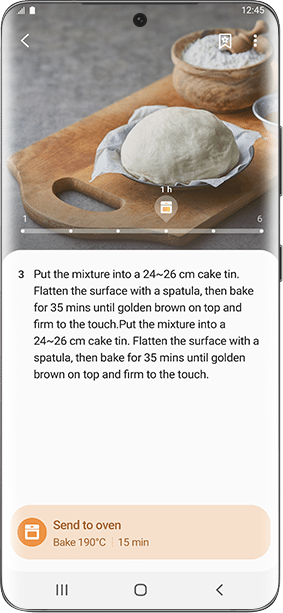Ekran smartfona pokazujący w aplikacji SmartThings Cooking, jak wyrasta ciasto