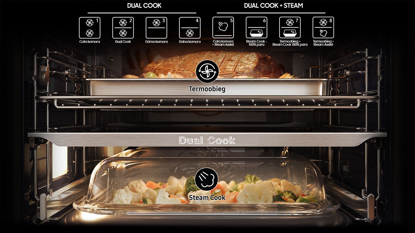 Dzięki temu, że piekarnik da się podzielić, w górnej części urządzenia może działać termoobieg, a w dolnej rozwiązanie Steam Cook.