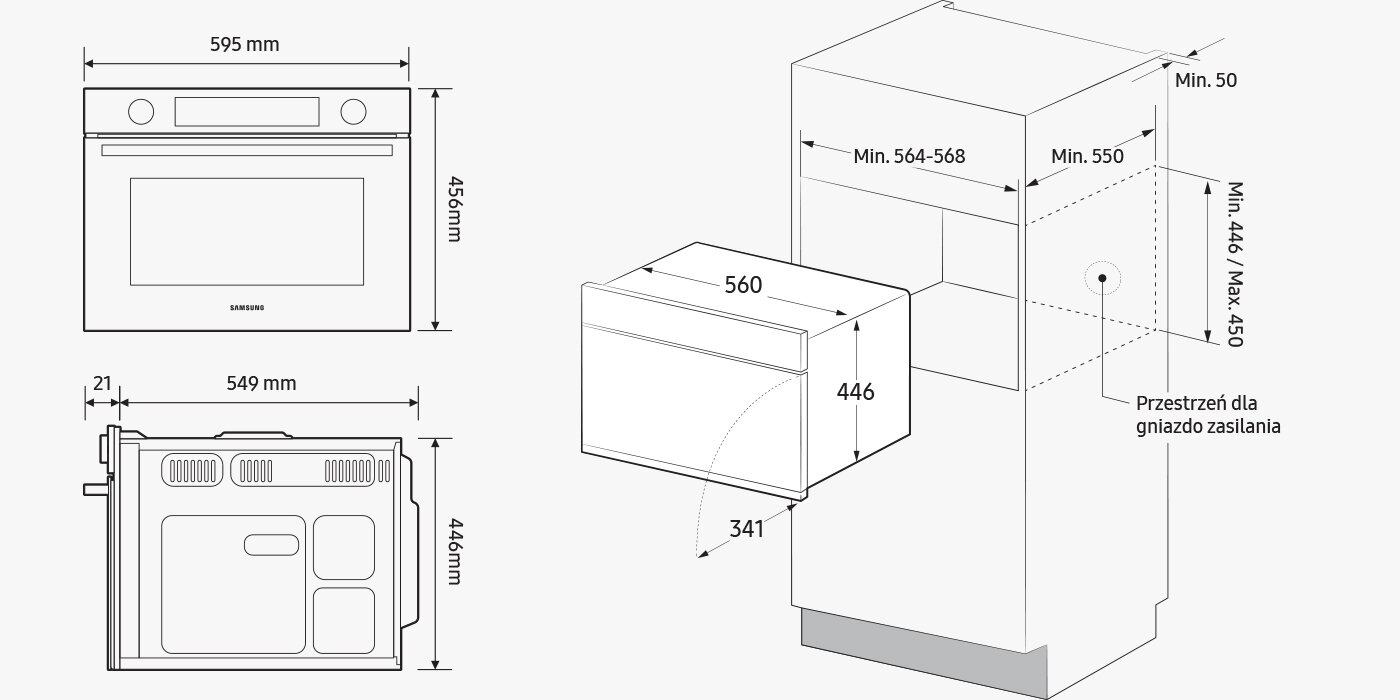 Rysunek techniczny przedstawia szczegółowe wymiary mikrofalówki Samsung NQ5B4513GBS dostępnej w ofercie Media Expert