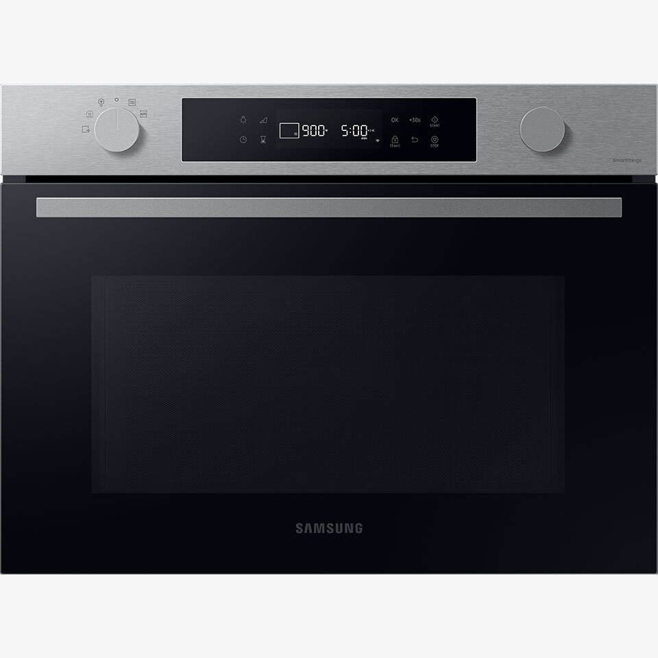 Zdjęcie frontu kuchenki Samsung NQ5B4513GBS z oferty sklepów Media Expert zostało otoczone ikonami symbolizującymi elementy sprzedawane wraz z urządzeniem