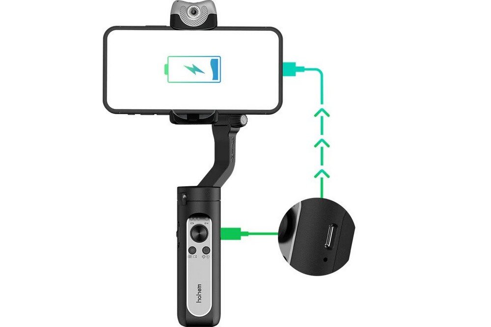 Gimbal ręczny HOHEM iSteady V2  fotografia stabilizacja nagrywanie żyroskop uchwyt zasilanie ładowanie bateria tryby przyciski złącza porty kompatybilność udźwig wykonanie pojemność 