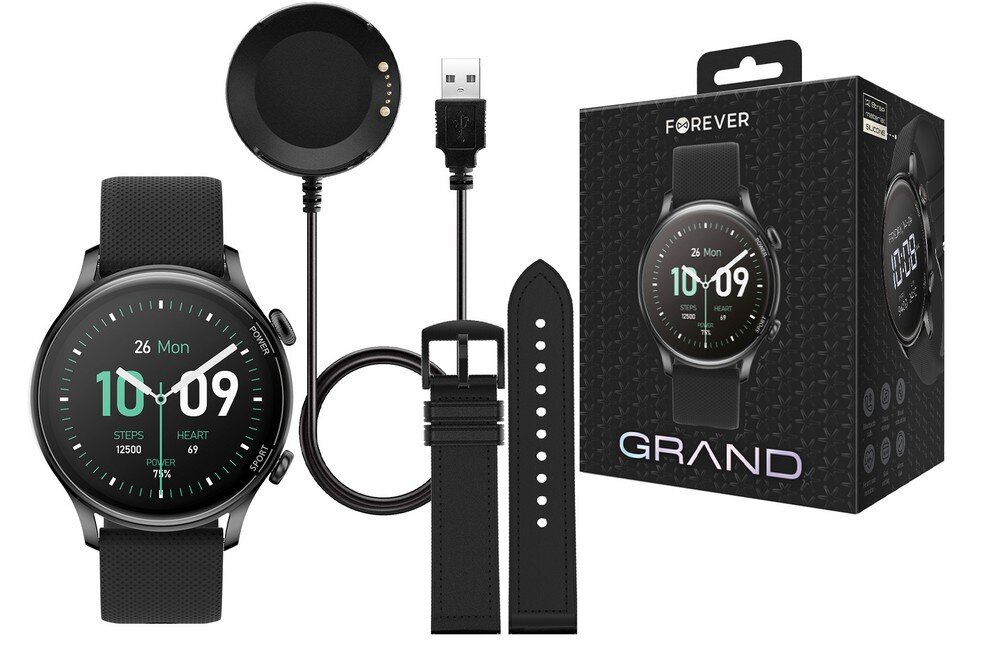 Smartwatch FOREVER Grand SW-700  ekran bateria czujniki zdrowie sport pasek ładowanie pojemność rozdzielczość łączność sterowanie krew puls rozmowy smartfon aplikacja