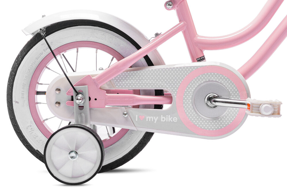 Rower dziecięcy SUN BABY Heart Bike 12 cali dla dziewczynki Różowy koła 12-calowe aluminiowe obręcze  boczne kółka asekurują dziecko w początkowej fazie nauki łańcuch bezpiecznie ukryty po stylową osłoną błotniki w białym kolorze regularne sprawdzanie ciśnienia powietrza wartość na bocznej części opony