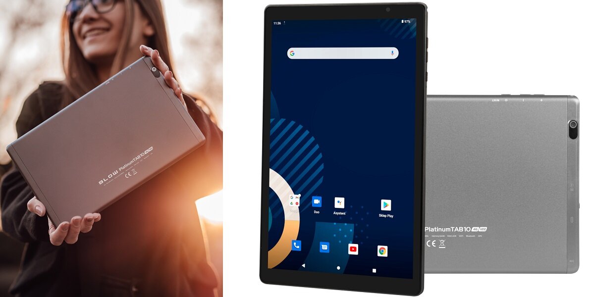 Tablet BLOW Platinum Tab V22 10.1 4/64 GB LTE Wi-Fi Szary GPS android multi-Touch ekran rozdzielczość przekątna wymiary waga aparat Autofocus  mikrofon karta graficzna praca rozrywka procesor głośnik akumulator pamięć RAM