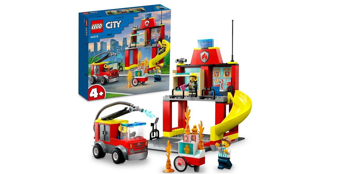LEGO City Remiza strażacka i wóz strażacki 60375 dziecko kreatywność zabawa nauka rozwój klocki figurki minifigurki jakość tradycja konstrukcja nauka wyobraźnia role jakość bezpieczeństwo wyobraźnia budowanie pasja hobby funkcje instrukcje remiza strażak pożar akcja