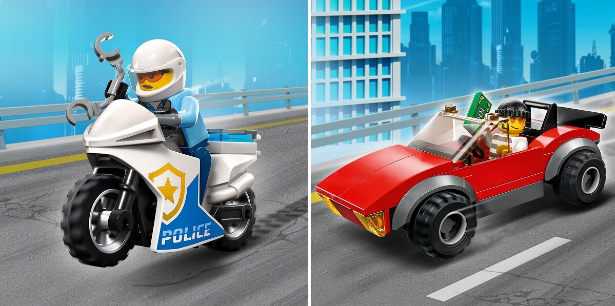 LEGO City Motocykl policyjny – pościg za samochodem 60392 dziecko kreatywność zabawa nauka rozwój klocki figurki minifigurki jakość tradycja konstrukcja nauka wyobraźnia role jakość bezpieczeństwo wyobraźnia budowanie pasja hobby funkcje instrukcja aplikacja LEGO Builder