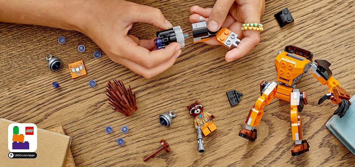 LEGO Marvel Mechaniczna zbroja Rocketa 76243 dziecko kreatywność zabawa nauka rozwój klocki figurki minifigurki jakość tradycja konstrukcja nauka wyobraźnia role jakość bezpieczeństwo wyobraźnia budowanie pasja hobby funkcje instrukcja aplikacja LEGO Builder