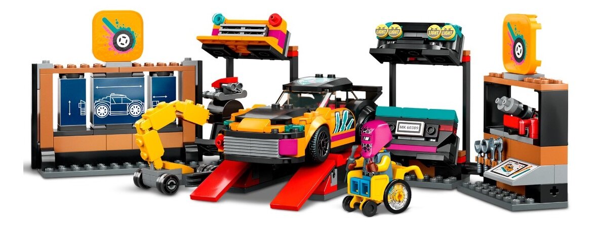 LEGO City Warsztat tuningowania samochodów 60389 dziecko kreatywność zabawa nauka rozwój klocki figurki minifigurki jakość tradycja konstrukcja nauka wyobraźnia role jakość bezpieczeństwo wyobraźnia budowanie pasja hobby funkcje instrukcje tuning samochody silnik moduły