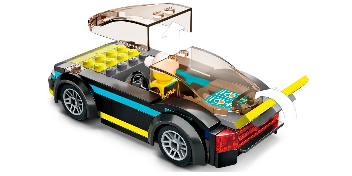 LEGO City Elektryczny samochód sportowy 60383 dziecko kreatywność zabawa nauka rozwój klocki figurki minifigurki jakość tradycja konstrukcja nauka wyobraźnia role jakość bezpieczeństwo wyobraźnia budowanie pasja hobby funkcje instrukcja felgi spojler aplikacja LEGO Builder