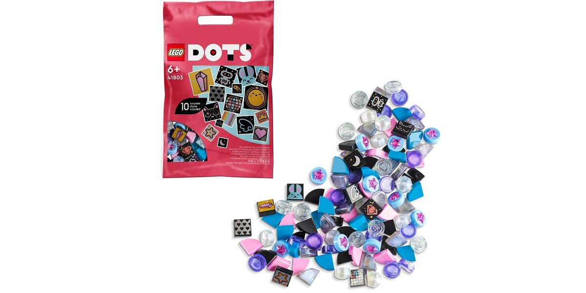 LEGO Dots Dodatki DOTS - seria 8, błyskotki 41803 dziecko kreatywność zabawa nauka rozwój klocki figurki minifigurki jakość tradycja konstrukcja nauka wyobraźnia role jakość bezpieczeństwo wyobraźnia budowanie pasja hobby funkcje instrukcja aplikacja LEGO Builder