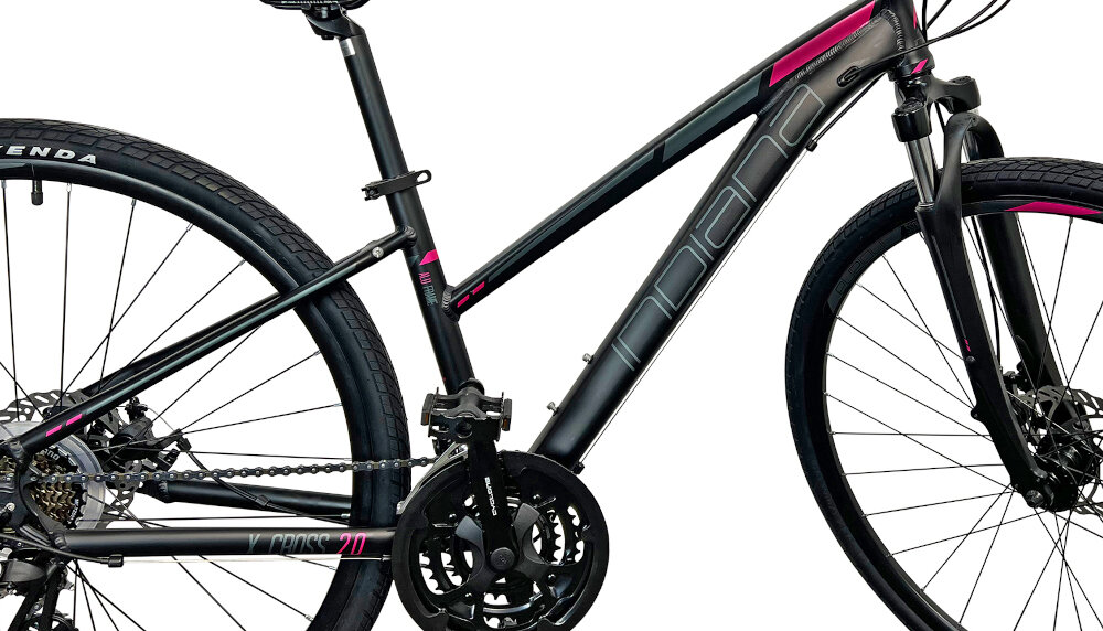 Rower crossowy INDIANA X-Cross 2.0 D21 damski Czarno-różowy rama 21-calowa aluminiowa odporna na korozję wybór rozmiaru ramy Twój wzrost mierzony w zrelaksowanej pozycji typ roweru dla osób o wzroście od 180 do 190 cm