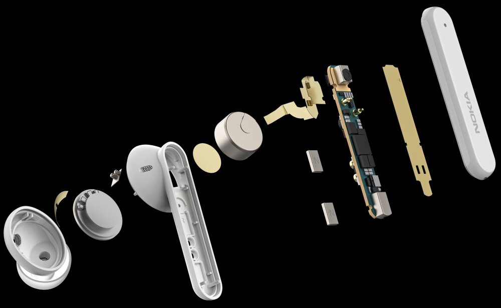 Słuchawki dokanałowe NOKIA TWS-731 minimalizm budowa redukcja szum dźwięk jakość bezprzewodowe mikrofon dopasowanie obsługa dotyk ładowanie