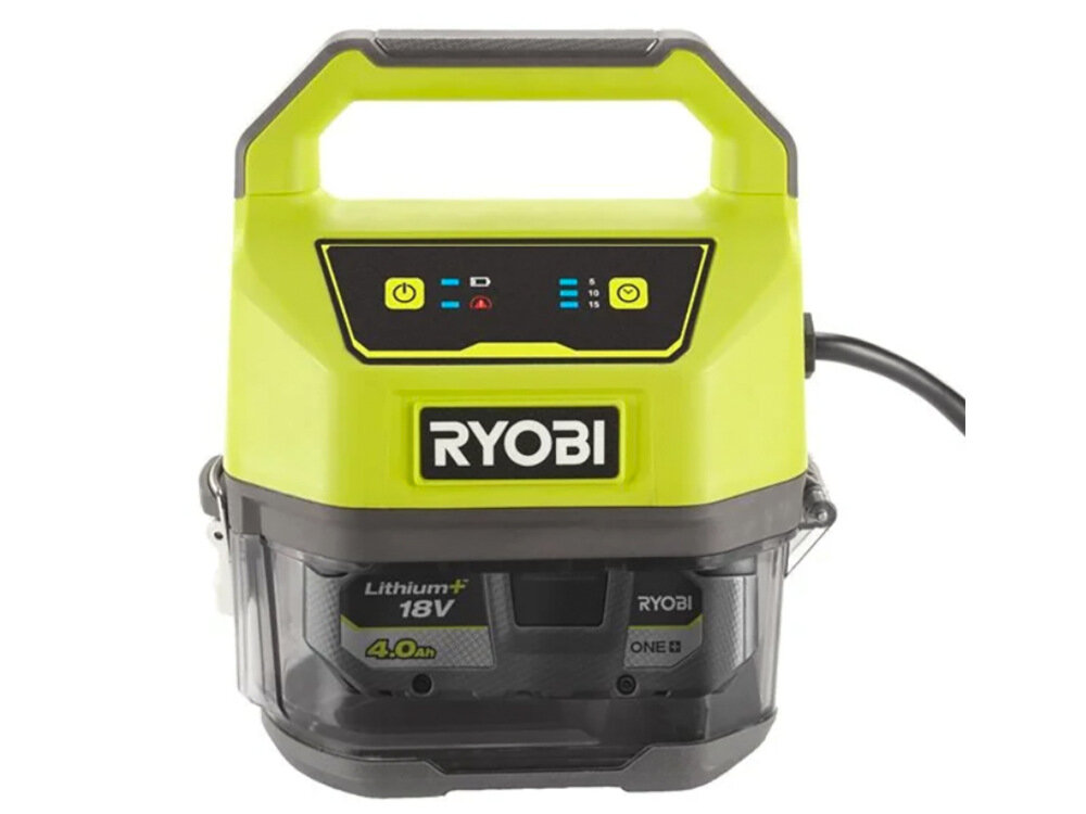 Pompa do wody RYOBI RY18SPA-0 akumulatorowa inteligentna lampa zadaniowa LED sprawdzenie czasu pracy baterii ostrzezenie o przeciazeniu pompy sygnal dzwiekowy o blokadzie filtra