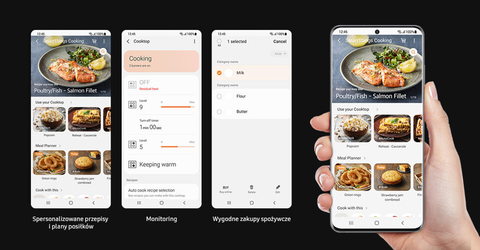 Zdjęcie pokazuje screeny aplikacji SmartThings Cooking, w której możesz znaleźć mnóstwo inspirujących przepisów wraz ze wskazówkami, jak je przyrządzić