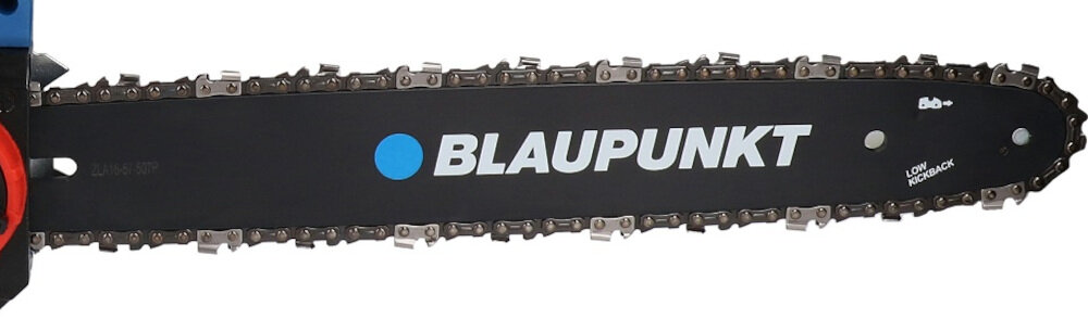Piła elektryczna BLAUPUNKT CS3010 do typowych prac wycinkowych do niezwykle precyzyjnych zadań specjalnych prowadnica o dłogości 35 cm łańcuch automatyczny hamulec uruchamia się w czasie do 0,12 sekundy większe bezpieczeństwo