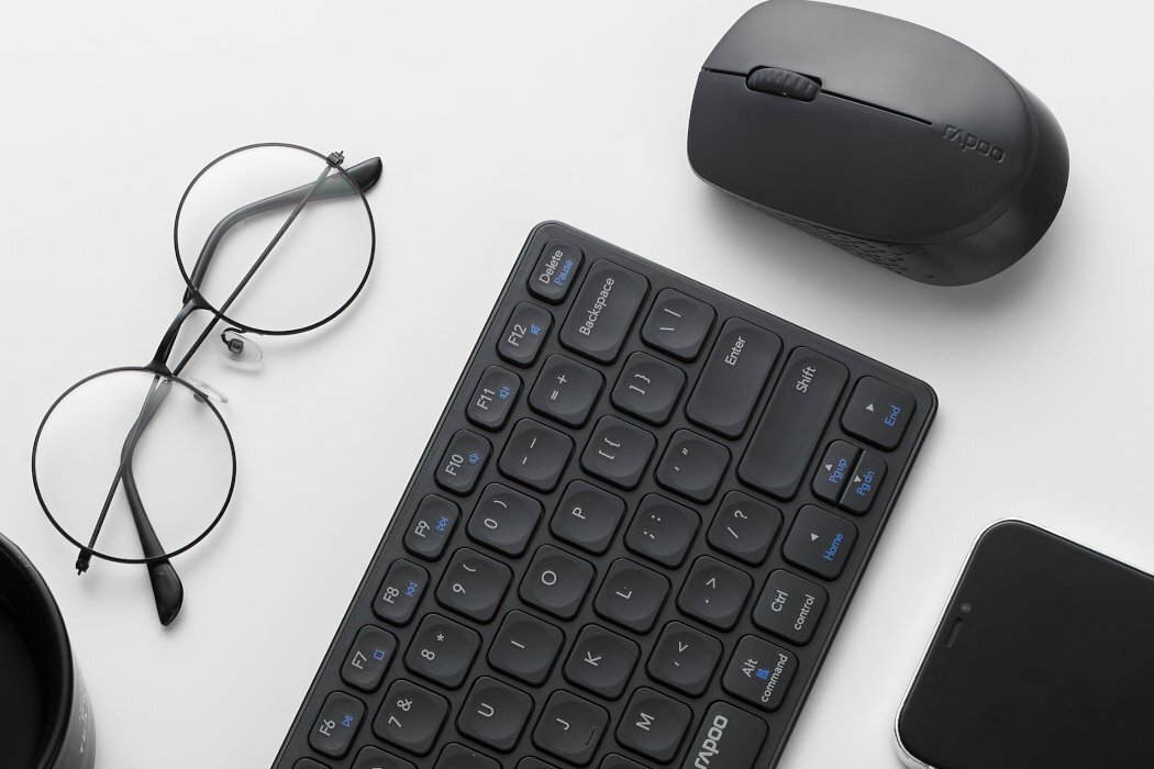 Zestaw RAPOO Multi-Mode 9600M nowoczesność klawiatura mysz smukła wytrzymała baterie akumulator profesjonalna kompatybilność przełączanie Bluetooth bezprzewodowość parowanie pokrycie USB