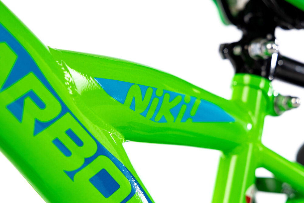 Rower dziecięcy KARBON Niki 12 cali dla chłopca Zielono-niebieski rama 7-calowa stalowa dostosowana do najmłodszych geometria roweru waga 8 kg