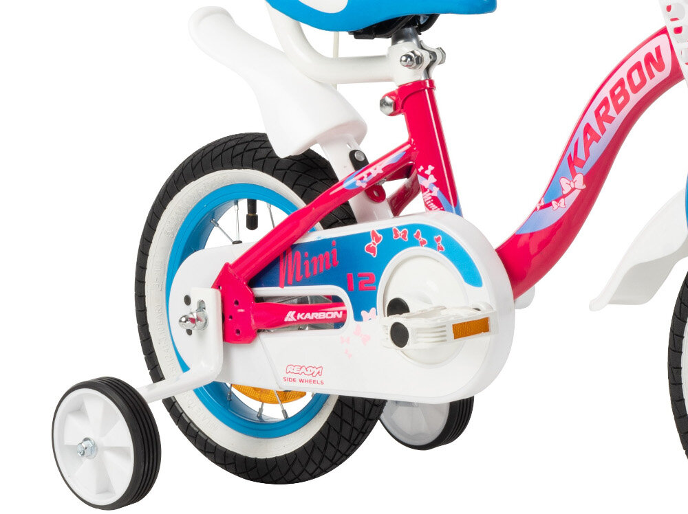 Rower dziecięcy KARBON Mimi 12 cali dla dziewczynki Różowo-niebieski koła 12-calowe boczne kółka asekurują dziecko stylowa osłona łańducha błotniki regularne sprawdzanie ciśnienia powietrza wartość na bocznej części opony