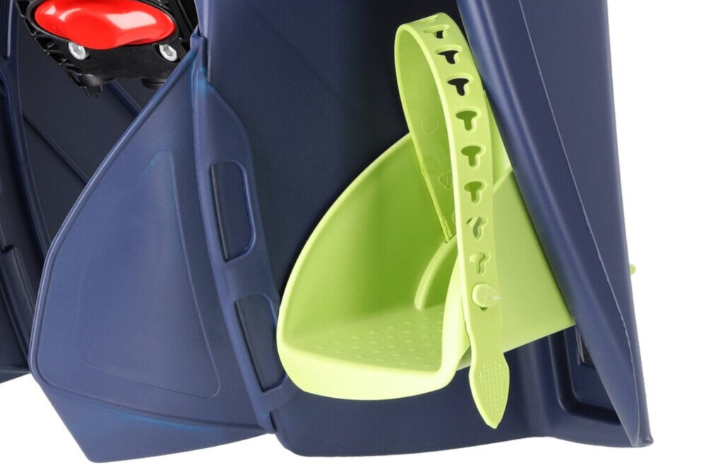 Fotelik rowerowy KROSS Walaroo Niebieski podpórki pod stopy specjalne paski zapobiegają niepożądanym ruchom nóg regulacja podpórek w czterostopniowym systemie