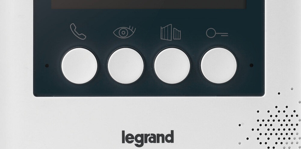 Monitor do wideodomofonu LEGRAND 369115 intuicyjna obsługa 4 przyciski funkcji podstawowych regulacja głośności jasności kontrastu wyświetlacza