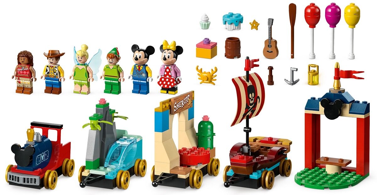 LEGO Disney Pociąg pełen zabawy 43212 dziecko kreatywność zabawa nauka rozwój klocki figurki minifigurki jakość tradycja konstrukcja nauka wyobraźnia role jakość bezpieczeństwo wyobraźnia budowanie pasja hobby funkcje instrukcja aplikacja LEGO Builder myszka minnie myszka miki piotruś pan dzwoneczek chudy