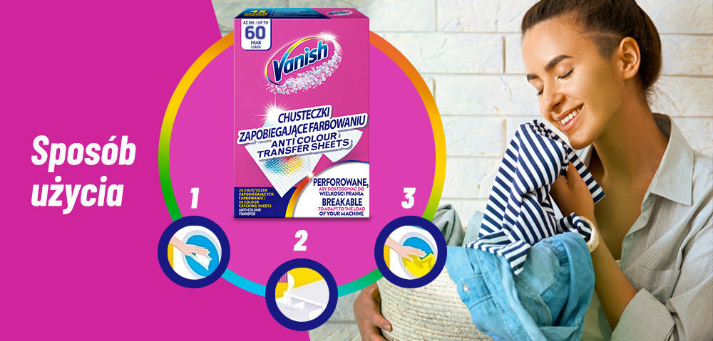 Chusteczki do prania VANISH Color Protect 60 prań (30 szt.) instrukcja użycia