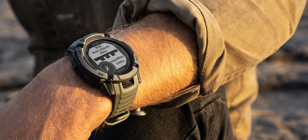 Zegarek sportowy GARMIN <span>Instinct 2X Solar</span> ekran bateria czujniki zdrowie sport pasek ładowanie pojemność rozdzielczość łączność sterowanie krew puls rozmowy smartfon aplikacja 
